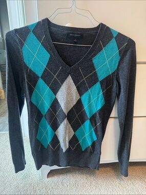 Banana Republic Charcoal V-Neck Argyle Sweater - Teal & Gray